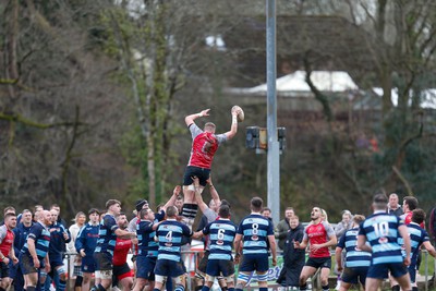 250323 - Cross Keys v Ystrad Rhondda - WRU Championship Cup Semi Final - Will Gregory of Cross Keys  wins line out