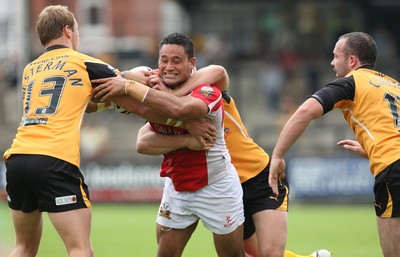 25.07.10.. Crusaders v Castleford Tigers, engage Super League Crusaders' Weller Hauraki is held by the Castleford defence  