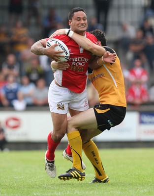 25.07.10.. Crusaders v Castleford Tigers, engage Super League Crusaders' Weller Hauraki is tackled by Castleford's Kirk Dixon   