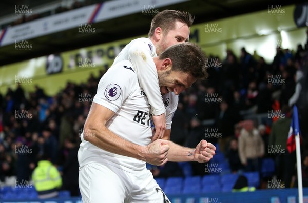 030117 - Crystal Palace v Swansea City - Premier League - Angel Rangel of Swansea City celebrates scoring a goal with Gylfi Sigurdsson