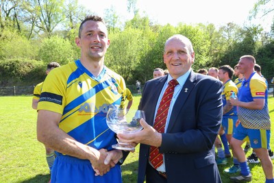 250426 - Cwmgwrach v Pontrhydyfen - Admiral National League 5 West Central - Captain of Cwmgwrach RFC receives the League Trophy from Kerry Frey of WRU