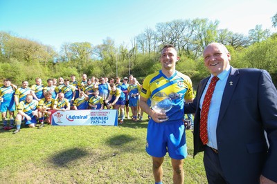 250426 - Cwmgwrach v Pontrhydyfen - Admiral National League 5 West Central - Captain of Cwmgwrach RFC receives the League Trophy from Kerry Frey of WRU
