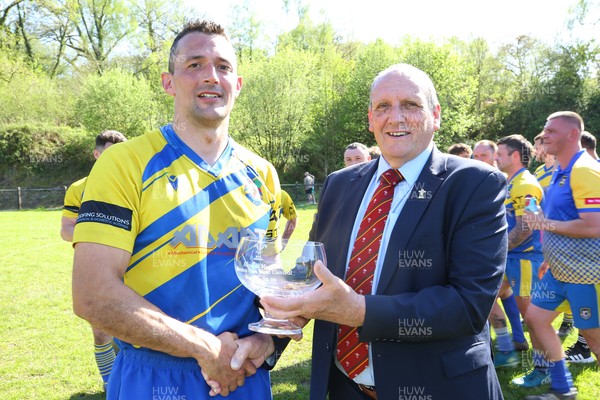 250426 - Cwmgwrach v Pontrhydyfen - Admiral National League 5 West Central - Captain of Cwmgwrach RFC receives the League Trophy from Kerry Frey of WRU