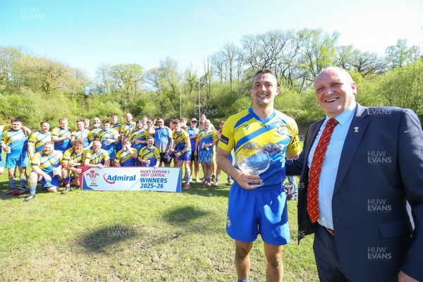 250426 - Cwmgwrach v Pontrhydyfen - Admiral National League 5 West Central - Captain of Cwmgwrach RFC receives the League Trophy from Kerry Frey of WRU