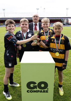 280426 - Cynon Valley v Neath, DC Thomas Bowl Final - Captains from Cynon Valley and Neath receive the trophy after drawing in the DC Thomas Bowl Final