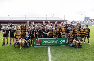 280426 - Cynon Valley v Neath, DC Thomas Bowl Final - The teams from Cynon Valley and Neath lift the trophy after drawing in the DC Thomas Bowl Final