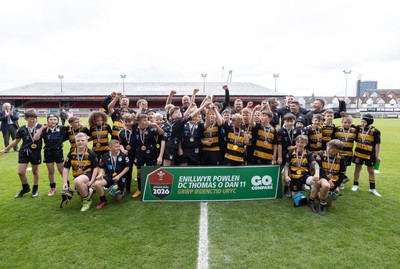 280426 - Cynon Valley v Neath, DC Thomas Bowl Final - The teams from Cynon Valley and Neath lift the trophy after drawing in the DC Thomas Bowl Final