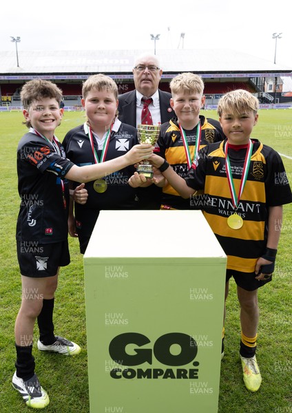 280426 - Cynon Valley v Neath, DC Thomas Bowl Final - Captains from Cynon Valley and Neath receive the trophy after drawing in the DC Thomas Bowl Final