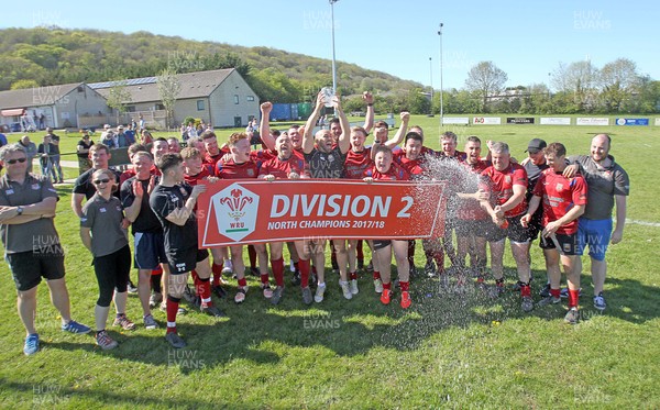 050518 - Denbigh v Llanidloes - WRU Division 2 North -  Denbigh celebrate winning the league Pictured: Club captain Narmer EL-Lamie holds the trophy aloft and the team celebrate in style  