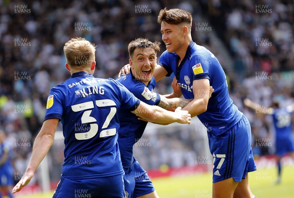 070522 - Derby County v Cardiff City - Sky Bet Championship - Jordan Hugill of Cardiff celebrates scoring the 1st goal of the match with Eli Ling of Cardiff and Rubin Colwill