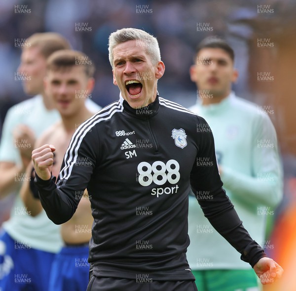 070522 - Derby County v Cardiff City - Sky Bet Championship - Manager Steve Morison of Cardiff celebrates to fans at the end of the match