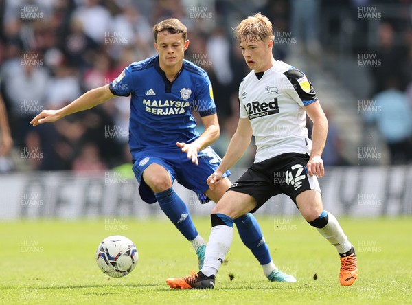 070522 - Derby County v Cardiff City - Sky Bet Championship - Perry Ng of Cardiff and Liam Thompson of Derby