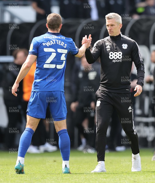 070522 - Derby County v Cardiff City - Sky Bet Championship - Manager Steve Morison of Cardiff with Max Watters of Cardiff at the end of the match