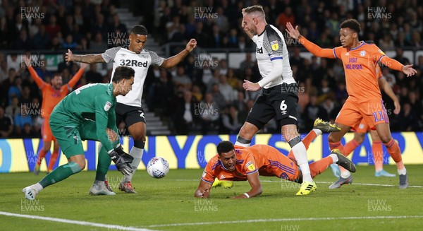 130919 - Derby County v Cardiff City - Sky Bet Championship -  Robert Glatzel of Cardiff is brought down by Richard Keogh of Derby for a penalty 
