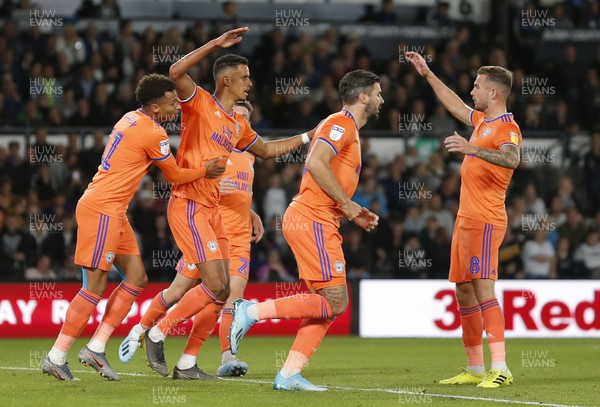 130919 - Derby County v Cardiff City - Sky Bet Championship -  Robert Glatzel of Cardiff celebrates scoring a penalty with his team mates