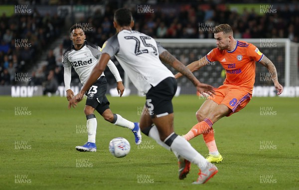 130919 - Derby County v Cardiff City - Sky Bet Championship -  Joe Ralls of Cardiff has a shot on goal
