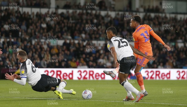 130919 - Derby County v Cardiff City - Sky Bet Championship -  Josh Murphy of Cardiff has a shot on goal
