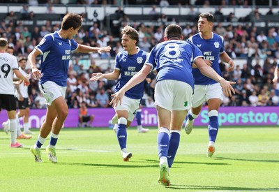 220826 - Derby County v Cardiff City, EFL Sky Bet Championship - Cian Ashford of Cardiff City celebrates after scoring the first goal