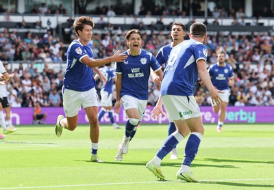 220826 - Derby County v Cardiff City, EFL Sky Bet Championship - Cian Ashford of Cardiff City celebrates after scoring the first goal