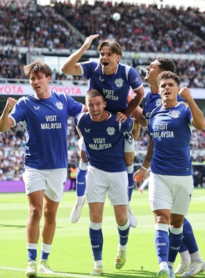 220826 - Derby County v Cardiff City, EFL Sky Bet Championship - Cian Ashford of Cardiff City celebrates on the shoulders of Jack Moylan of Cardiff City after scoring the first goal