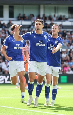220826 - Derby County v Cardiff City, EFL Sky Bet Championship - Yousef Salech of Cardiff City, centre, celebrates after scoring City’s second goal