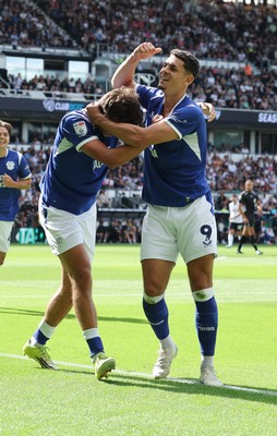 220826 - Derby County v Cardiff City, EFL Sky Bet Championship - Yousef Salech of Cardiff City celebrates with Rubin Colwill of Cardiff City after scoring City’s second goal