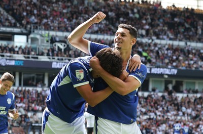 220826 - Derby County v Cardiff City, EFL Sky Bet Championship - Yousef Salech of Cardiff City celebrates with Rubin Colwill of Cardiff City after scoring City’s second goal