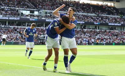 220826 - Derby County v Cardiff City, EFL Sky Bet Championship - Yousef Salech of Cardiff City celebrates with Rubin Colwill of Cardiff City after scoring City’s second goal