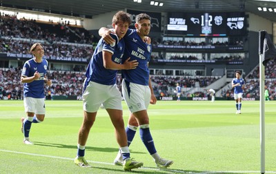 220826 - Derby County v Cardiff City, EFL Sky Bet Championship - Yousef Salech of Cardiff City celebrates with Rubin Colwill of Cardiff City after scoring City’s second goal