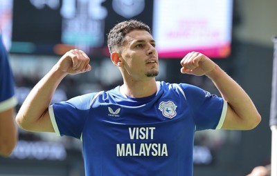 220826 - Derby County v Cardiff City, EFL Sky Bet Championship - Yousef Salech of Cardiff City, centre, celebrates after scoring City’s second goal