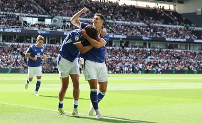 220826 - Derby County v Cardiff City, EFL Sky Bet Championship - Yousef Salech of Cardiff City celebrates with Rubin Colwill of Cardiff City after scoring City’s second goal