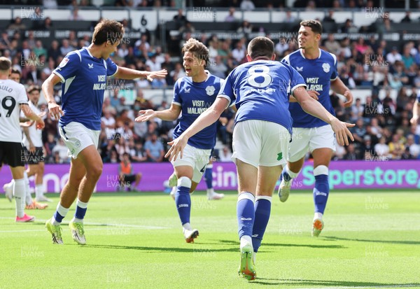 220826 - Derby County v Cardiff City, EFL Sky Bet Championship - Cian Ashford of Cardiff City celebrates after scoring the first goal