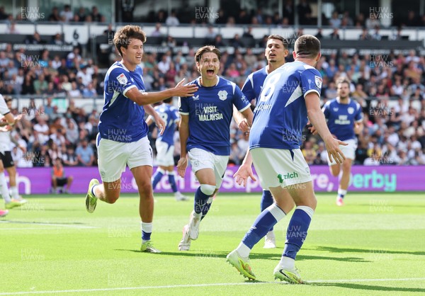 220826 - Derby County v Cardiff City, EFL Sky Bet Championship - Cian Ashford of Cardiff City celebrates after scoring the first goal