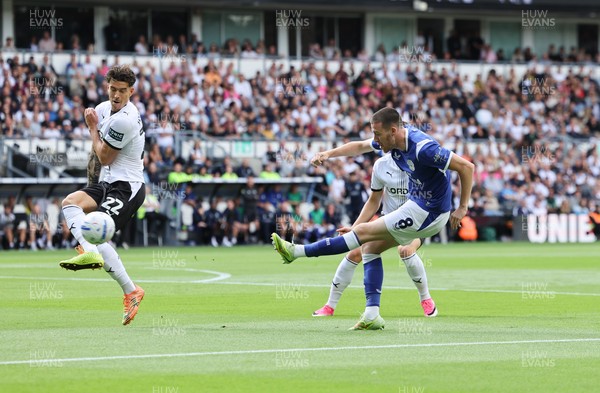 220826 - Derby County v Cardiff City, EFL Sky Bet Championship - Jack Moylan of Cardiff City shoots at goal