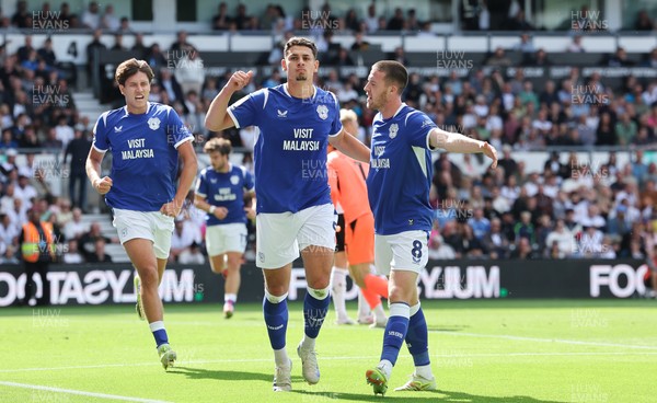 220826 - Derby County v Cardiff City, EFL Sky Bet Championship - Yousef Salech of Cardiff City, centre, celebrates after scoring City’s second goal