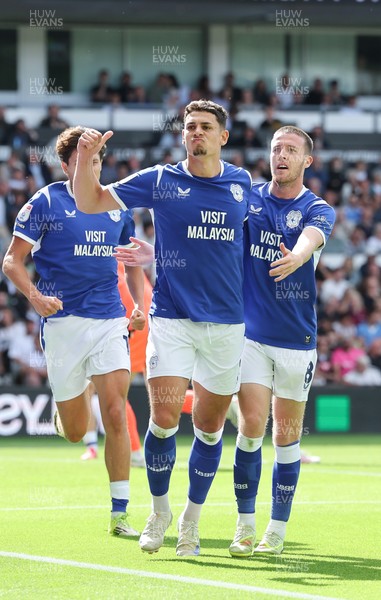 220826 - Derby County v Cardiff City, EFL Sky Bet Championship - Yousef Salech of Cardiff City, centre, celebrates after scoring City’s second goal