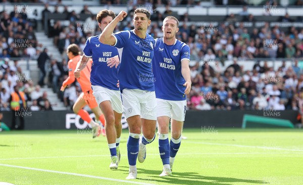 220826 - Derby County v Cardiff City, EFL Sky Bet Championship - Yousef Salech of Cardiff City, centre, celebrates after scoring City’s second goal