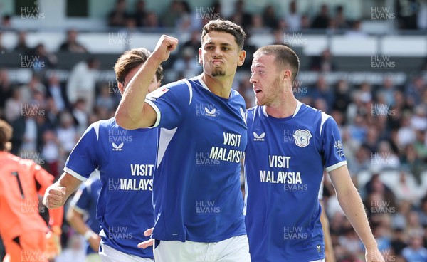 220826 - Derby County v Cardiff City, EFL Sky Bet Championship - Yousef Salech of Cardiff City, centre, celebrates after scoring City’s second goal