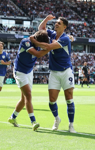 220826 - Derby County v Cardiff City, EFL Sky Bet Championship - Yousef Salech of Cardiff City celebrates with Rubin Colwill of Cardiff City after scoring City’s second goal