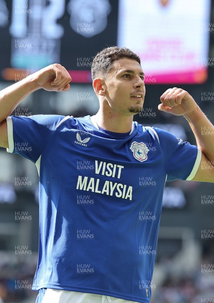 220826 - Derby County v Cardiff City, EFL Sky Bet Championship - Yousef Salech of Cardiff City, centre, celebrates after scoring City’s second goal