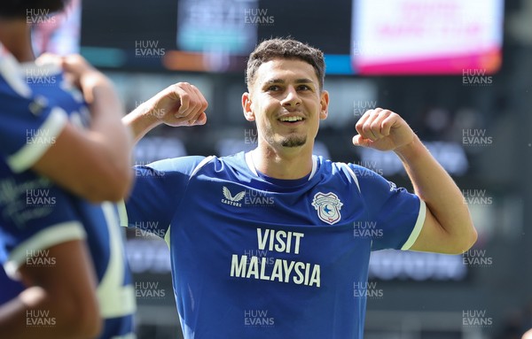 220826 - Derby County v Cardiff City, EFL Sky Bet Championship - Yousef Salech of Cardiff City, centre, celebrates after scoring City’s second goal
