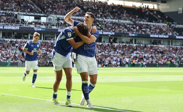 220826 - Derby County v Cardiff City, EFL Sky Bet Championship - Yousef Salech of Cardiff City celebrates with Rubin Colwill of Cardiff City after scoring City’s second goal