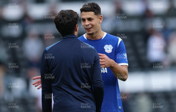 220826 - Derby County v Cardiff City, EFL Sky Bet Championship - Cardiff City head coach Brian Barry-Murphy with Yousef Salech of Cardiff City at the end of the match