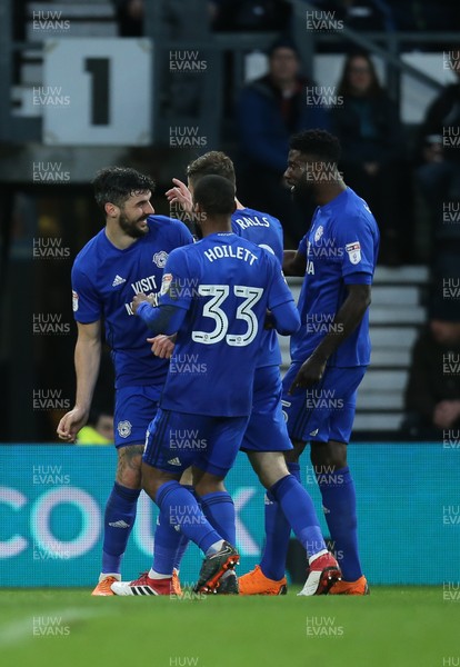 240418 - Derby County v Cardiff City, Sky Bet Championship - Cardiff City players celebrate with Callum Paterson of Cardiff City after he scores goal