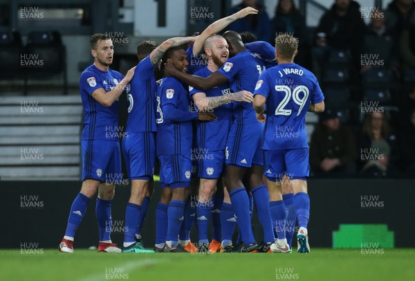 240418 - Derby County v Cardiff City, Sky Bet Championship - Cardiff City players celebrate with Callum Paterson of Cardiff City after he scores goal