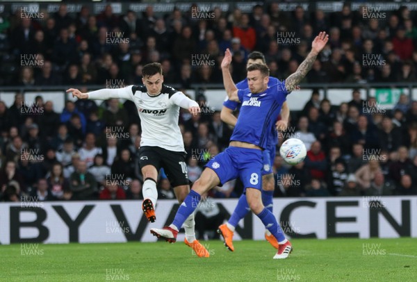 240418 - Derby County v Cardiff City, Sky Bet Championship - Joe Ralls of Cardiff City challenges Tom Lawrence of Derby County