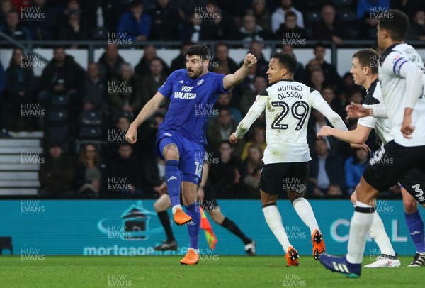 240418 - Derby County v Cardiff City, Sky Bet Championship - Callum Paterson of Cardiff City shoots to score goal