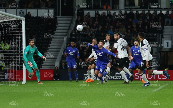 240418 - Derby County v Cardiff City, Sky Bet Championship - Gary Madine of Cardiff City fails to get to the ball