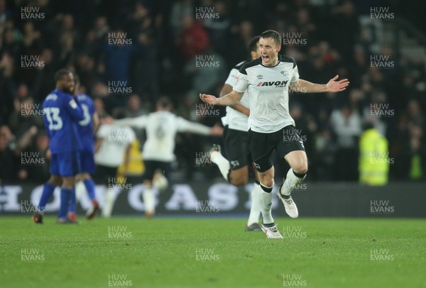 240418 - Derby County v Cardiff City, Sky Bet Championship - Craig Forsyth of Derby County celebrates after Cameron Jerome of Derby County equalises