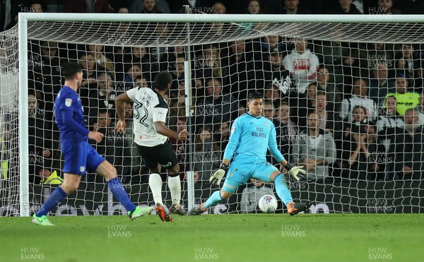 240418 - Derby County v Cardiff City, Sky Bet Championship - Cameron Jerome of Derby County beats Cardiff City goalkeeper Neil Etheridge to score the third goal